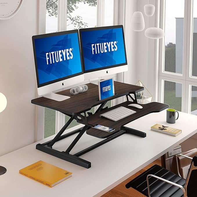 FITUEYES Height Adjustable Standing Desk 36” Wide Sit to Stand Converter Stand Up Desk Tabletop Workstation for Dual Monitor Riser FSD309102WE