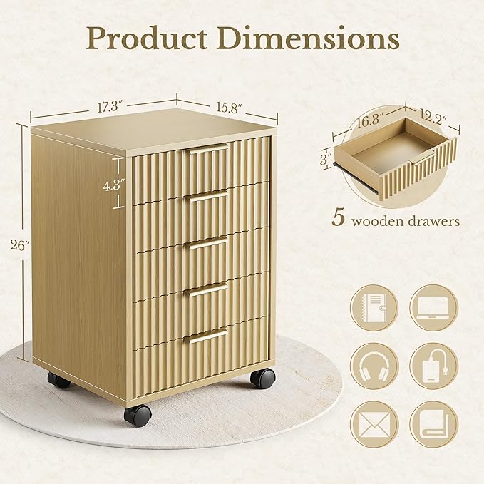5 Drawer Chest, Under Desk Storage Wood Drawers with Wheels,Fluted File Cabinet for Home Office, Light Walnut