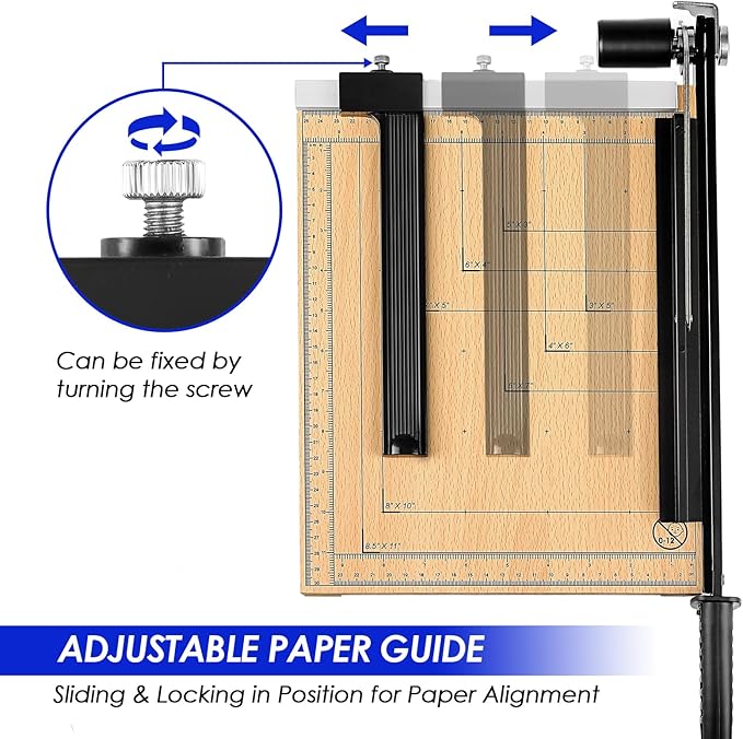 Paper Cutter, 12" Wood Guillotine Paper Trimmer, 12 Sheet Capacity, Heavy Duty Paper Slicer with Adjustable Guide, Safety Guard and Blade Lock