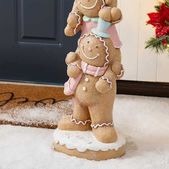 Glitzhome Christmas Front Porch Decor, Macaron Pink Resin Stacked Gingerbread Man Xmas Porch Sign Decoration for Indoor Outdoor Patio Standing Decor, 29.25" H