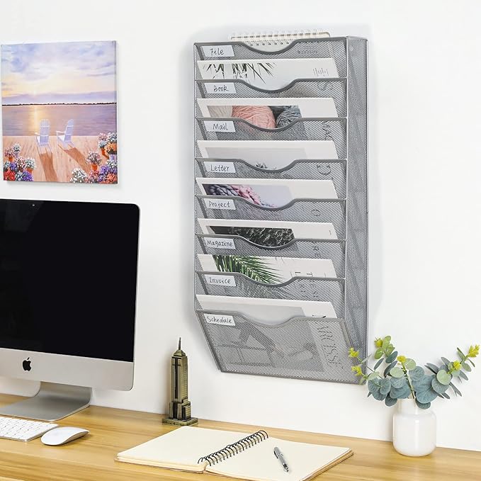 PAG Hanging Wall File Holder Organizer Mail Sorter Literature Rack for Office, 8 Pockets, Silver