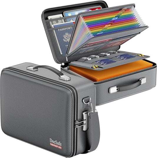 DocSafe Fireproof Document Box with Lock, Hard Case File Organizer with Accordion File Folder, Fireproof Water Resistant Safe Box Home Office Travel Storage for Important Documents Laptop Gray