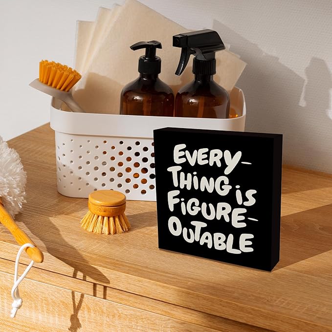Inspirational Black Office Decor, Every Thing is Figure Outable Motivational Office Accessories Wooden Box Sign, Inspirational Gifts for Women, Men Wall Desk Shelf Tabletop Decoration