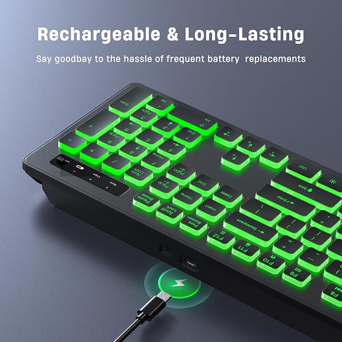 Backlit Wireless Keyboard, 2.4G Silent Wireless Light Up Keyboard, Full Size Computer Keyboards with 7 Colored Backlits, Rechargeable Keyboards for Windows, PC, Laptop (Black, Normative)