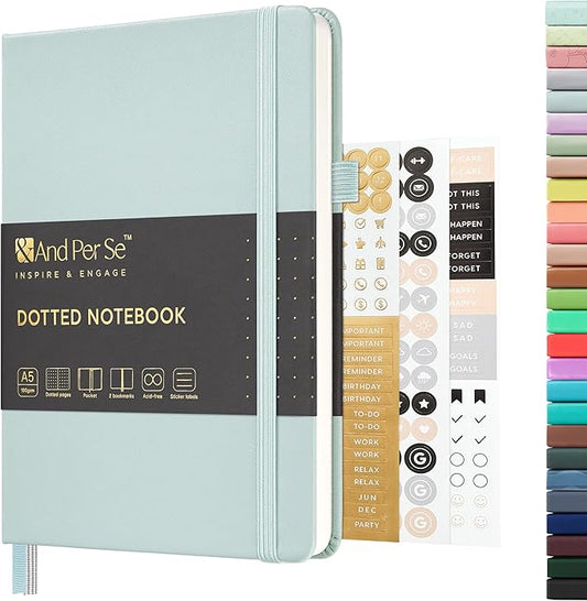 &And Per Se Dotted Journal Notebook, A5 Hardcover Leather Bullet Dotted Journal, 160 Pages 100 gsm Thick Paper, 3 Sheets of Stickers Included- 5.7'' x 8''（Cyan）