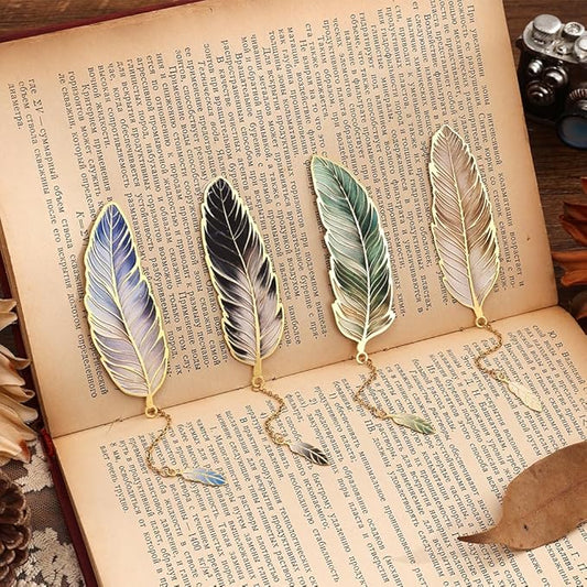 4pcs Metal Feather Bookmarks with Pendant Elegant Bookmark Set for Book Lovers, Writers, Readers Durable Book Markers with English Inscriptions Unique Gifts for Men, Women