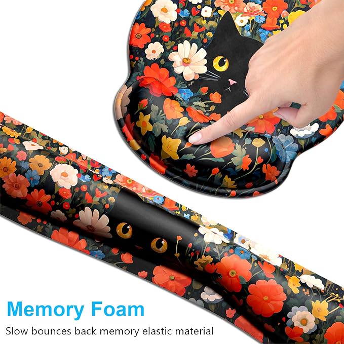 Dapesuom Keyboard Wrist Rest and Mouse Pad with Wrist Support, Cute Memory Foam Cushion for Keyboard and Mouse Set, Desktop Pad Rests with Non Slip Base for Easy Typing & Pain Relief, Cat Flower Bush