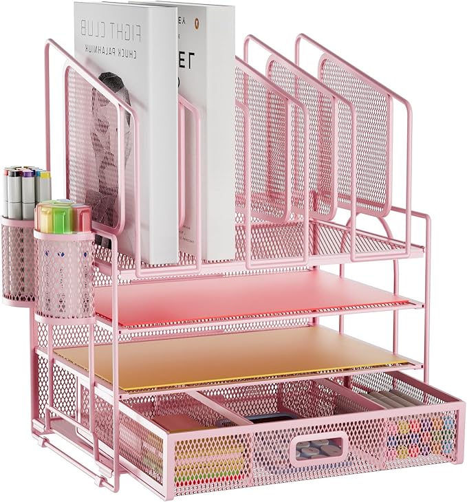 Marbrasse Desk Organizers, 4-Tier Mesh Desk File Organizer with 5 Vertical File Holders and 2 Pen Holders, Multifunction Desktop Organizer,Desk Organizers and Accessories for Home Office (Pink)