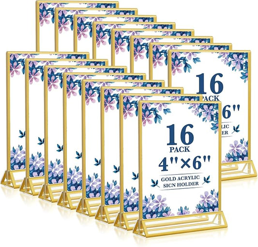 Gold Acrylic Sign Holder 4x6, 16 Pack Wedding Gold Frame Table Number Holders Vertical, Clear Picture Frames Flyer Stands Tables Menu Holder, Double Photo Paper Display Holder for Party, Home, Office