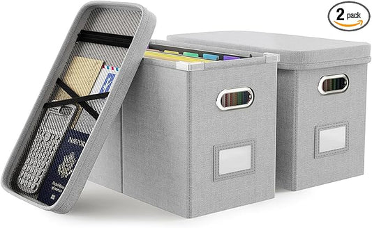Oterri File Organizer Box with Lid, Hanging Filing File Box with Mesh Pocket, Document Organizer Box for Letter Files, Portable Storage Box with Smooth Sliding Rail for Office&Home (2 PCS, Light grey)