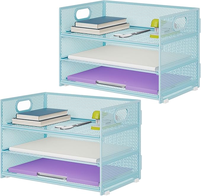 Marbrasse 3 Tier Paper Organizer Letter Tray, Mesh File Organizer with Handle, Paper Sorter Desk Organizer for Home Office Supplies - 2p Blue