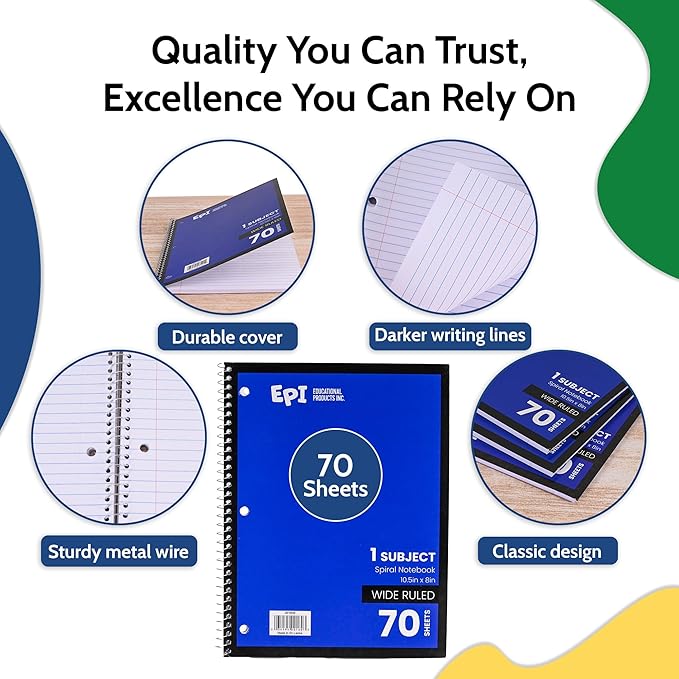 EPI Spiral Notebook | Wide - 70 Sheets, Durable Spiral Binding | 10.5 x 8 in | Classroom Supplies | School, Office, Note Taking, Journaling - 3 Pack