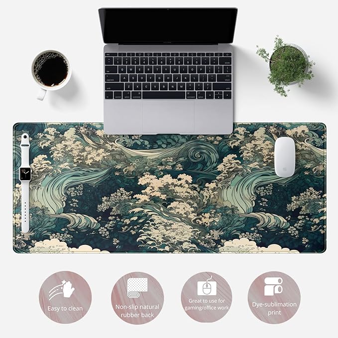 Japanese Large Mouse Pad Gaming Sea Wave Desk Pad Blue Sea Flower Art Aesthetics Desk Pad Non-Slip Rubber Base Mice Pad, 31.5 X 11.8 in for Laptop Computer Mouse Keyboard Mat of Office Desk Decor