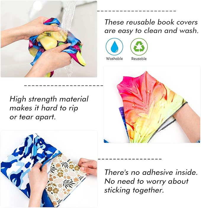 7 Pack Jumbo Feela Stretchable Fabric Book Covers, Washable Durable Reusable Nylon Covers for Hardcover Textbooks Notebooks up to 9'x11'