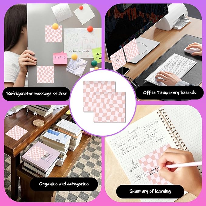 Sticky Notes 3x3 Inches, 2 Pads Cute Colorful Self-Stick Note Pads, Easy to Post for Home, Office and Daily Life Organization Distort Red Checkerboard