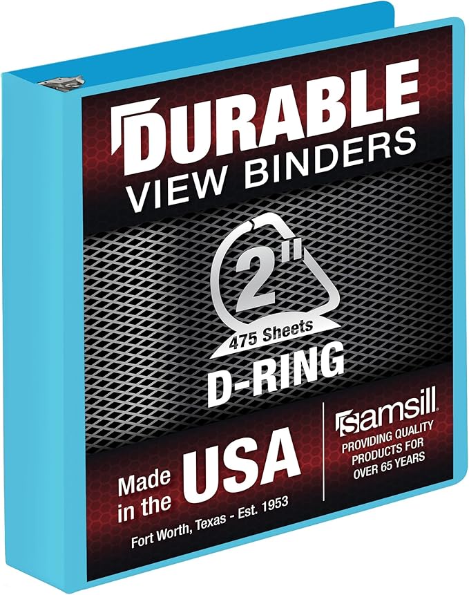 Samsill Durable 2 Inch Binder, Made in The USA, D Ring Binder, Customizable Clear View Cover, Sky Blue, Holds 475 Pages