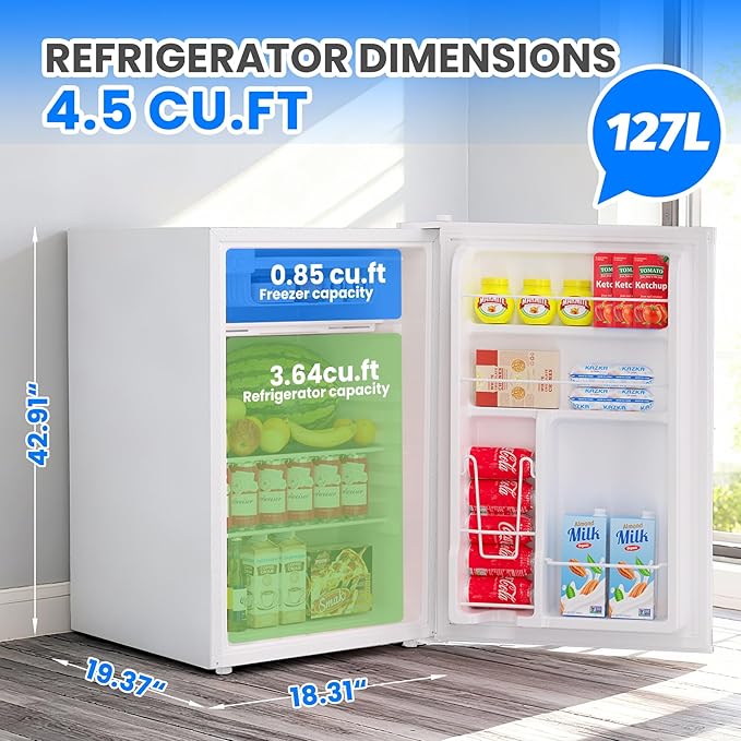 4.5 Cu Ft Mini Fridge with Freezer,127L Energy Star Compact Refrigerator; Ultra Quiet & Efficient for Dorm, Apartment, Office,Reversible Door & Adjustable Thermostat