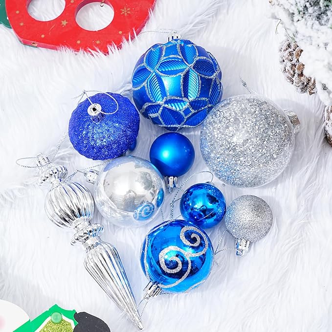 123pcs Christmas Ball Ornaments Set, Shatterproof Plastic Balls for Classic Xmas Decorations, Hanging Ornaments for Christmas Tree, Holiday, Bridal, Home Party, Blue and Silver