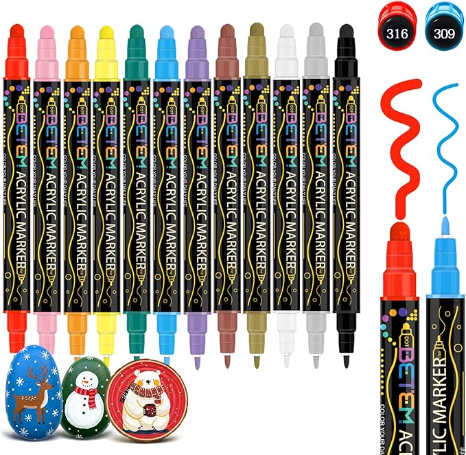 Betem 12 Colors Dual Tip Acrylic Paint Pens Markers, Premium Acrylic Paint Markers Stocking Stuffers for Rock, Wood, Fabric, Glass, Canvas, Ceramic, Christmas Gifts for Teens DIY Crafts Art Supplies
