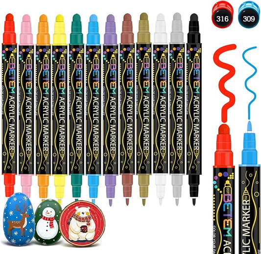 Betem 12 Colors Dual Tip Acrylic Paint Pens Markers, Premium Acrylic Paint Markers Stocking Stuffers for Rock, Wood, Fabric, Glass, Canvas, Ceramic, Christmas Gifts for Teens DIY Crafts Art Supplies