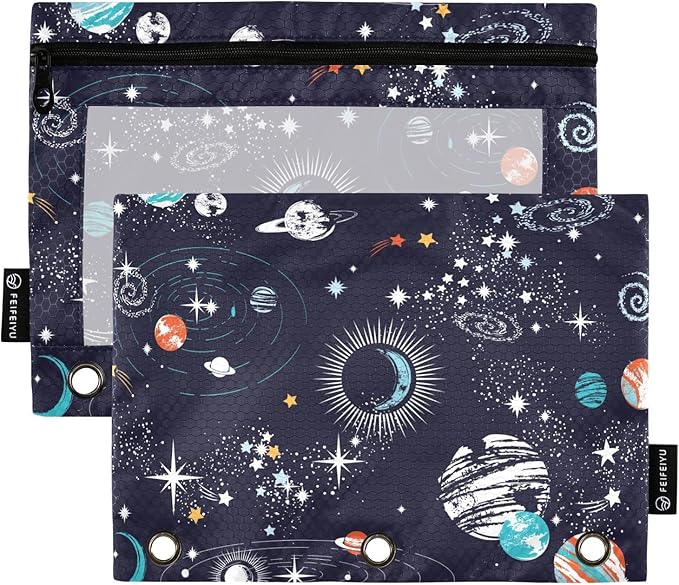 ZAZYXTJ Personalized Space Binder Pencil Pouchs 3 Ring with Zipper Clear Window Office Organizers bag for School Students Teacher Supplies 2 Pack