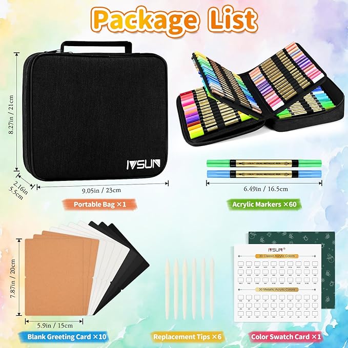 IVSUN 60 Acrylic Paint Markers, 30 Metallic & 30 Regular Colors Dual Tip Metallic Marker Pens for Black Paper, Photo Album, Rock Painting, Glass, Wood, Card Making, Scrapbook Supplies, DIY Crafts
