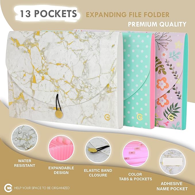 CNK File Folder Organizer with 13 Pocket Accordion Binder Expanding Folders for Document Receipt Paper Document Pocket Accordian Expandable Holder Files School Office Labels Letter Filing