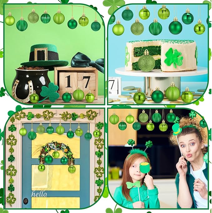 64 Pcs St. Patrick's Day Ball Ornaments Glitter Matt Lime Green Assorted Plastic Irish St. Patrick's Day Decoration for Xmas Tree & Party Supplies