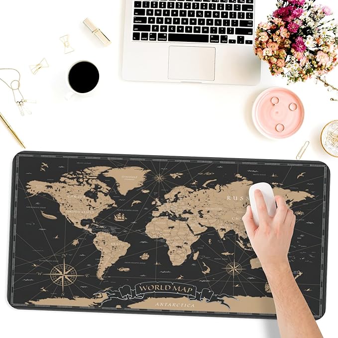 Desk Mat,Vintage World Map Extended Gaming Mouse Pad for Office Work & Game,Computer Keyboard Mouse Mat Desk Non-Slip Rubber Base Large Mousepad with Stitched Edges, 31.5x15.7inch