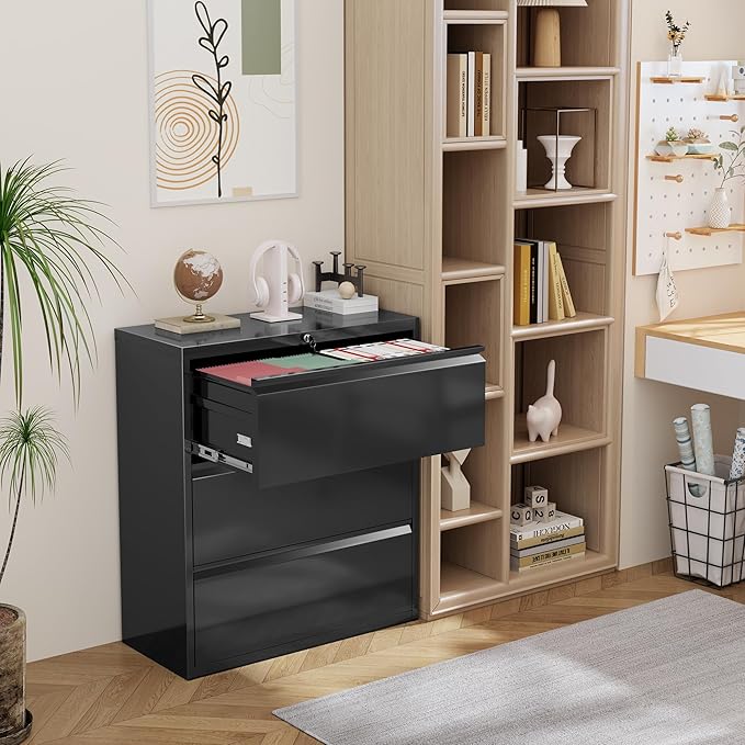 INTERGREAT Lateral File Cabinet with Lock, 3 Drawer Lateral Filing Cabinet for Legal/Letter A4 Size, Metal Steel Locking Black Wide File Cabinets for Home Office