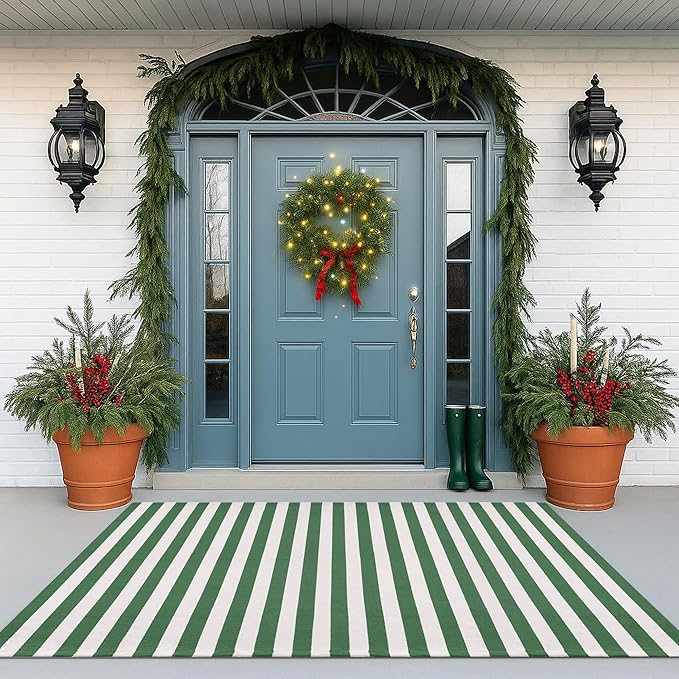 Christmas Green & White Striped Rug - 4' x 6' Outdoor Front Door Decor Mat Cotton Washable Hand-Woven Rug Christmas New Year Holiday Porch Entryway Layered Doormat