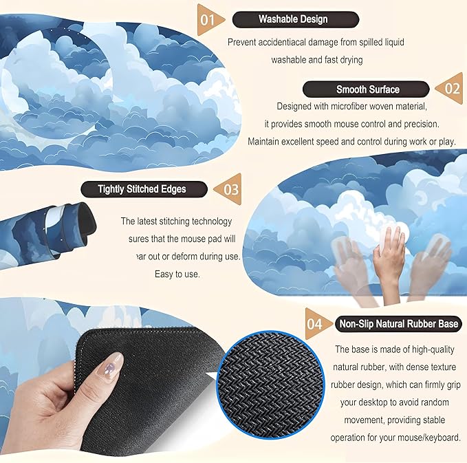 Desk Mat Blue and White Puffy Clouds Desk Pad Cute Gaming Mouse Pad XL Large Mousepad Anime Desk Matt for Desktop, Laptop Computer Keyboard Mouse Mat for Women Office Decor Accessories 31.5x11.8 in