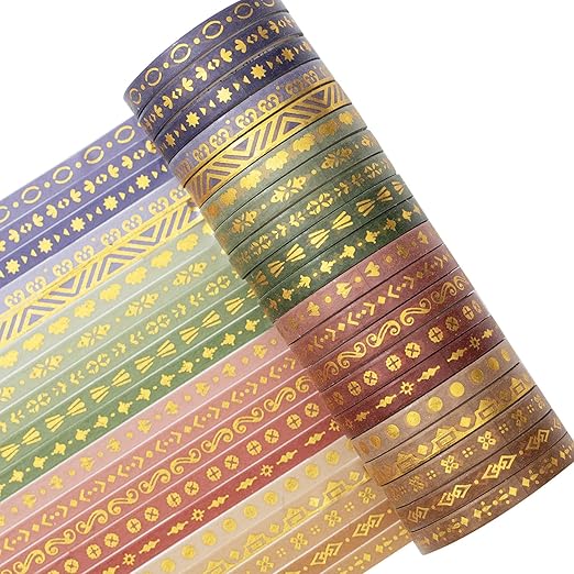 YUBX Skinny Gold Washi Tape Set Basic Foil Print Decorative Masking Tapes for Arts, DIY Crafts, Journals, Planners, Scrapbook, Wrapping (Four Seasons)