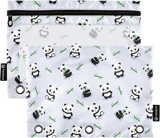 ZAZYXTJ Personalized Cute Panda Binder Pencil Pouchs 3 Ring with Zipper Clear Window Office Organizers bag for School Students Teacher Supplies 2 Pack