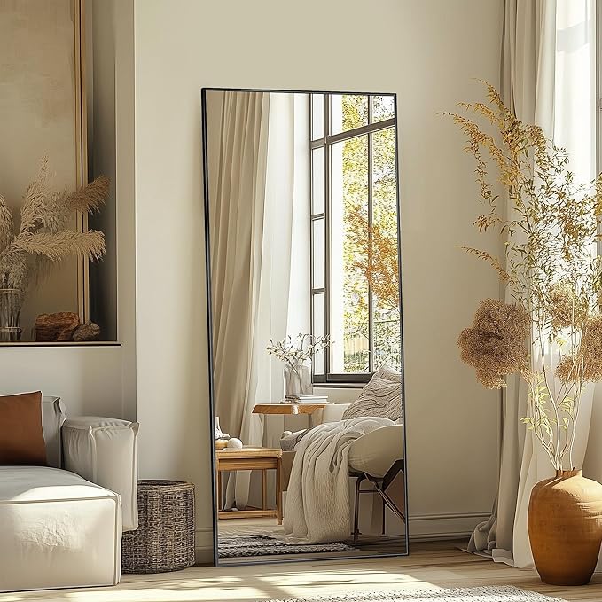 Full Length Mirror, 58"x18" Oversized Floor Mirror Freestanding, Full Body Mirror Floor Standing Mirrors with Stand, Hanging Mounted Mirrors for Bedroom Living Room, Black, Rect Style