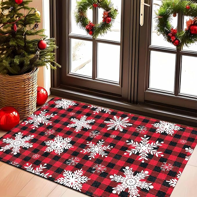 Merry Christmas Snowflakes Red Plaid Door Mat, Christmas Buffalo Plaid Doormat with Non-Slip Backing Front Porch Rug Welcome Mats for Home Indoor Outdoor, 18" x 30"Inch