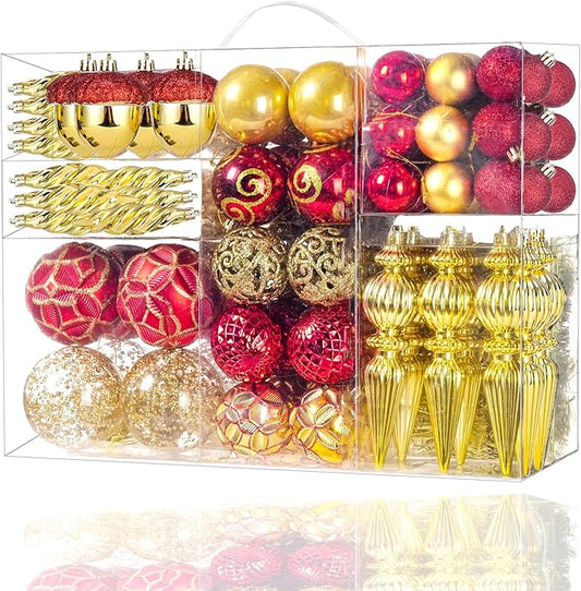 123pcs Christmas Ball Ornaments Set, Shatterproof Plastic Balls for Classic Xmas Decorations, Hanging Ornaments for Christmas Tree, Holiday, Bridal, Home Party, Gold and Red