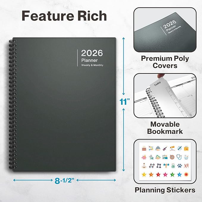 Dunwell Planner Book 2026, 8.5x11 Weekly Monthly Planner, Jan to Dec 2026, Large Calendar Book with Laminated Tabs, Bookmark, Free Stickers, Daily Calendar Planner Organizer