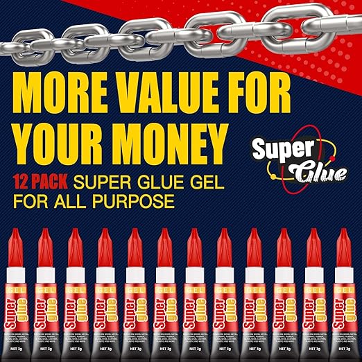 3 Gram (Pack of 12) Single use Super Glue Gel, Super Fast, Thick & Strong Adhesive Superglue, Cyanoacrylate Glue for Hard Plastics, DIY Craft, Ceramics, Frame, Leather, Metal Etc