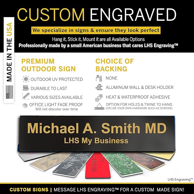 Engraved Door Signs for Office Personalized Black Plastic Door Plaque Gold Letters - Made in USA 2x10 B3