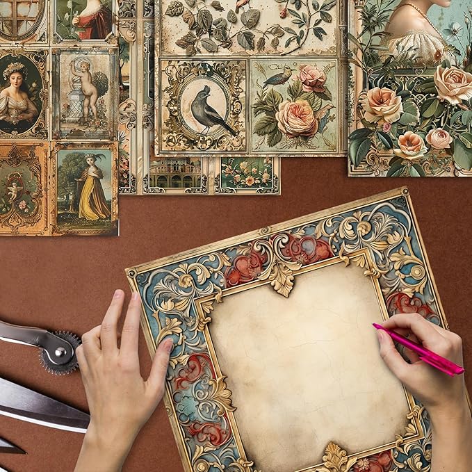 48 Sheets Vintage Baroque Scrapbook Paper, Vintage Decorative Paper for Scrapbook, Junk Journal paper, Pattern Paper, DIY Cards, and Photo Albums, Aesthetic Craft Supplies for Kids and Adults