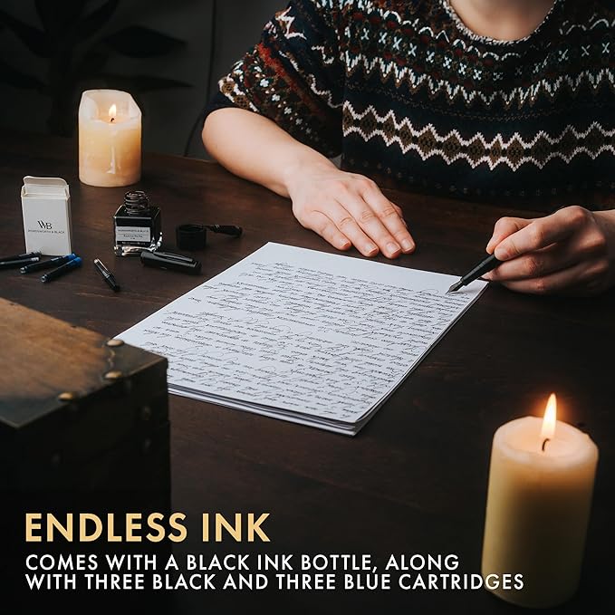 Wordsworth & Black Fountain Pen Set, 18K Gilded Medium and Extra Fine Nib, 25ML Black Ink Bottle, 6 Ink Cartridges,Refill Converter,Gift Box,Smooth Writing Pens [All Black],Gift Set for Men and Women