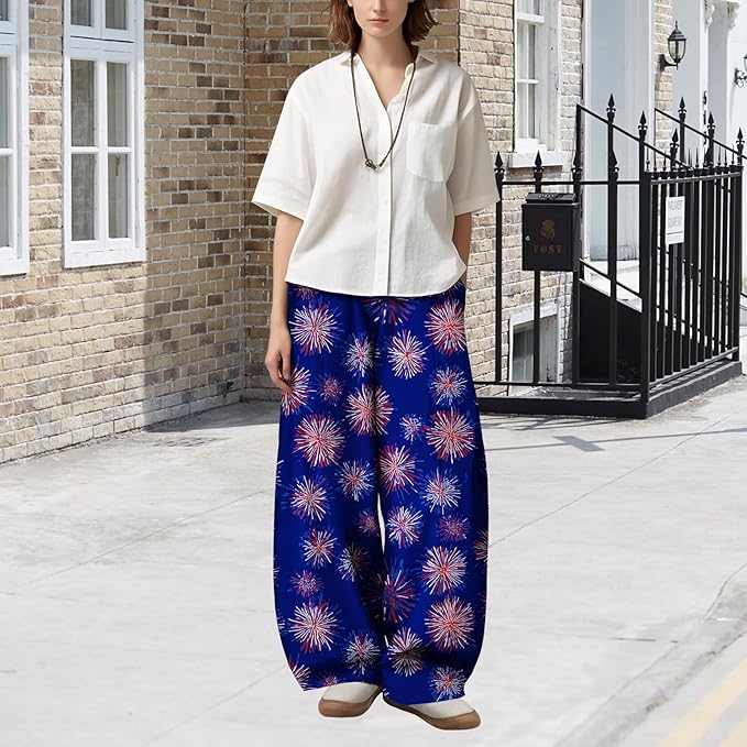 Zaswen Women's Oversize Loose Fit Breathable Pants Wide Leg Lounge Pants Fashion Casual Fireworks Print Trousers with Pockets