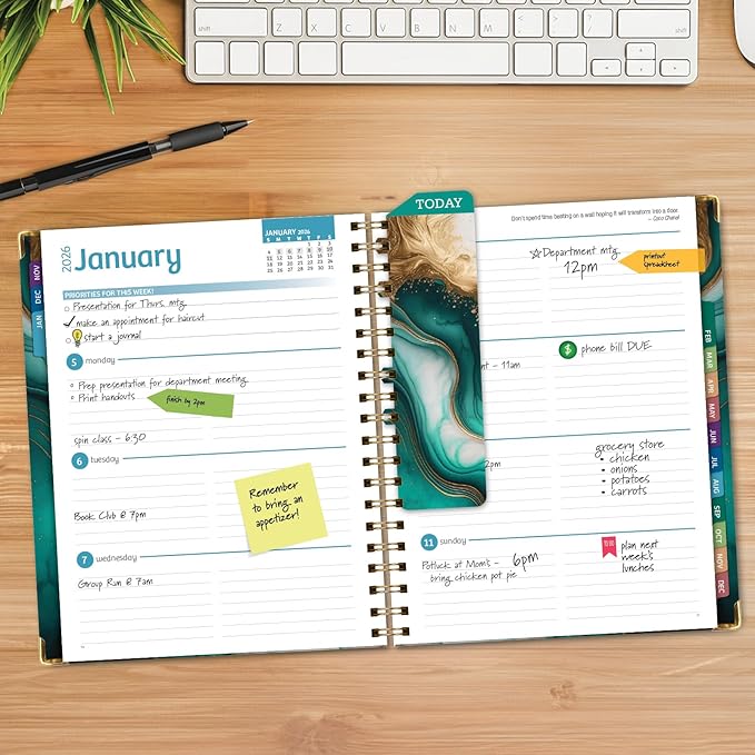 HARDCOVER 2026 Planner, 8.5"x11": 14 Months (November 2025 - December 2026), Daily Weekly Monthly Planner, Yearly Agenda, Bookmark, Pocket Folder and Sticky Note Set (Teal Gold Marble)