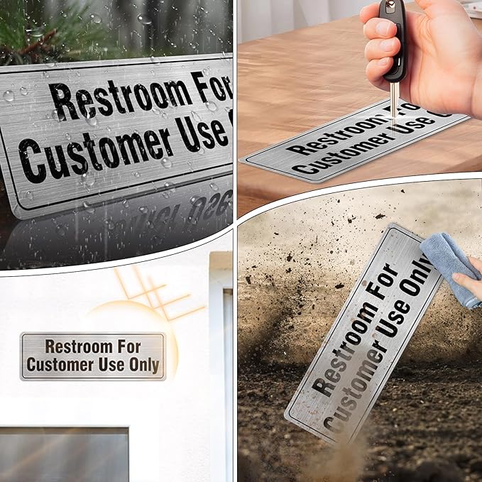 Restroom For Customer Use Only Sign Aluminum Silver 9 x 3 Inches Self-Adhesive Waterproof Metal Door Wall Sign for Business Offices 4 Pack