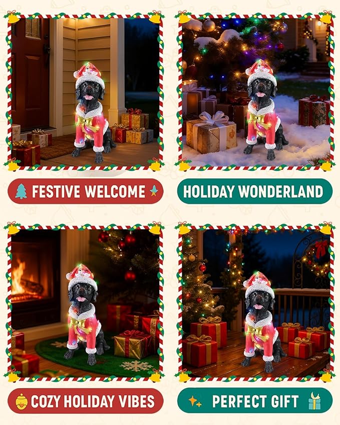 Christmas Outdoor Decoration Dog Statue, LED Light Cute Labrador Dog Sculpture with Pink Santa Outfit & Lights for Garden and Yard, Indoor Holiday Décor Gift for mom and dad