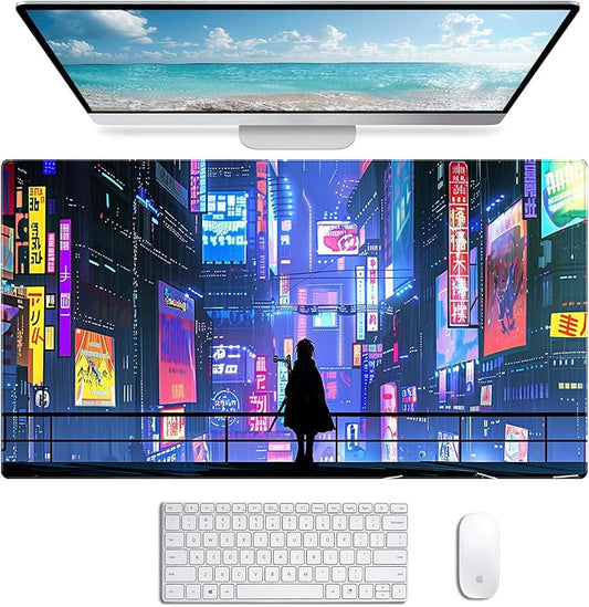 Tokyo Street Cute Large Gaming Mouse Pad, Purple Blue Anime City XXL, 35.4L x 15.7W inches, Fabric, Polyvinyl Chloride, Office Products