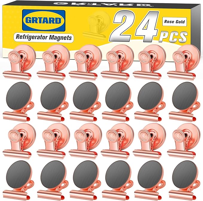Grtard 24pack Rose Gold Magnetic Clips, Strong No-Scratch Refrigerator Magnets, Multi-Purpose Heavy Duty Clips for Fridge, Whiteboard, Locker, Classroom