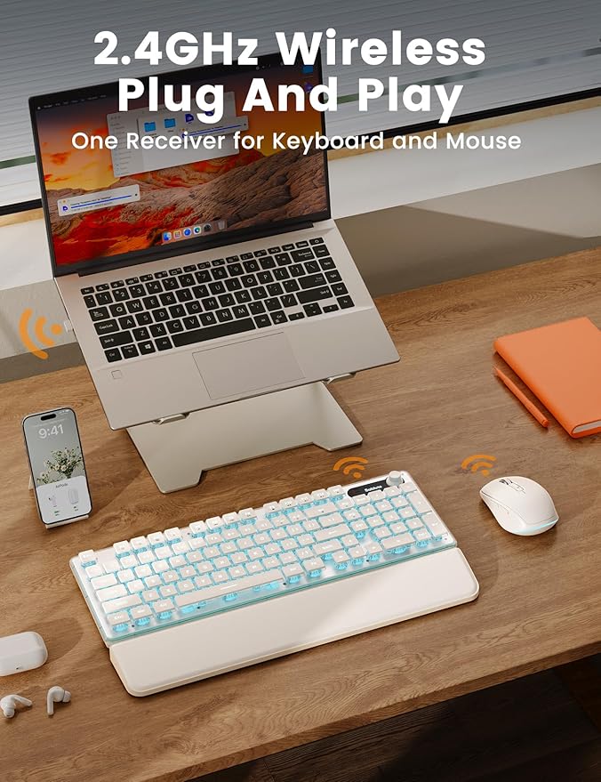 Wireless Keyboard and Mouse Combo - 9 Backlit Effects, Wrist Rest, Double-Shot Keycaps, Metal Panel, Long-Lasting Rechargeable, 2.4G Keyboard Mouse Set for Windows Mac PC Laptop – Sablute (White)