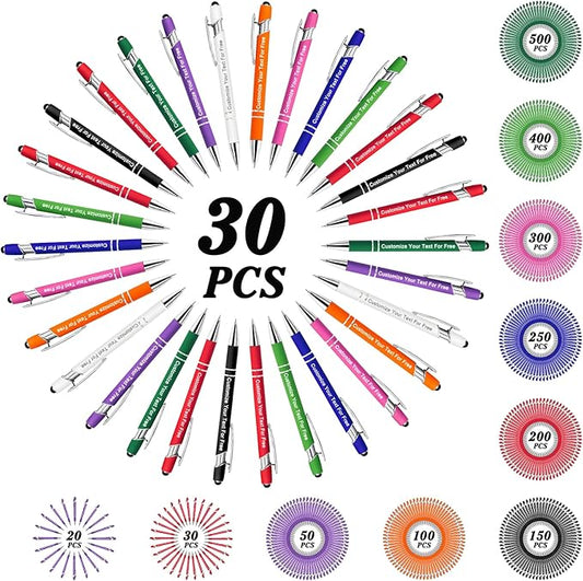 Max 500 Pcs Personalized Pens Bulk, Custom Pens with Free Engraving, Customized Stylus Tip Ballpoint Pen with Your Name Massage Text for School Office Business Graduation Anniversaries-30 Packs